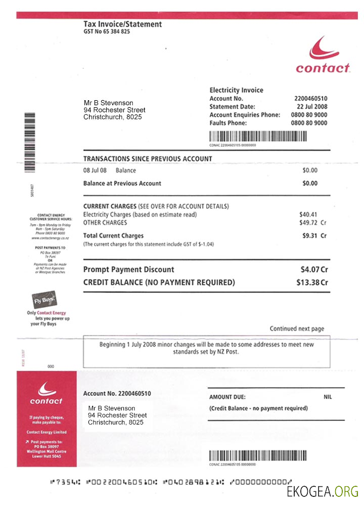 New Zealand electrcity bill template